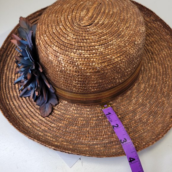 Brown Wide Brim Hat Light Braided Hat With Large Blue Flower Accent NEW